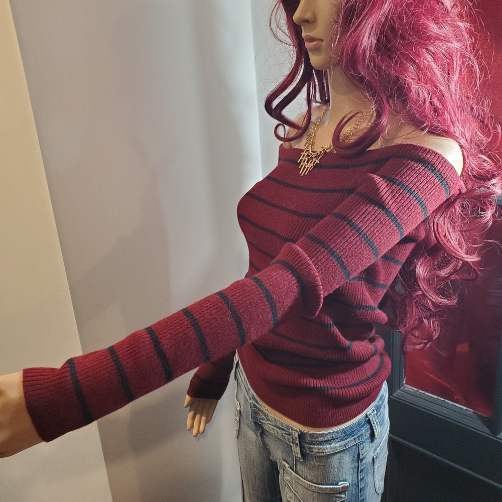 AE Burgandy Striped Open Shoulder Sweater Long Sleeve